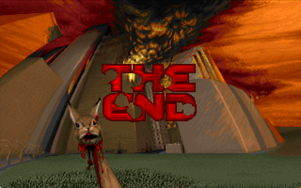 The image features a stylized end screen from the video game Doom, showcasing a dramatic background and a unique character.