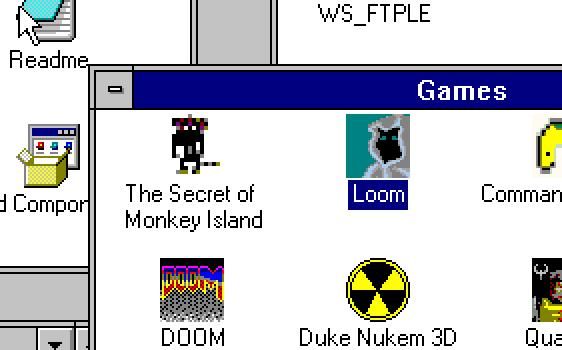 A retro computer interface displaying a games folder with several classic titles.