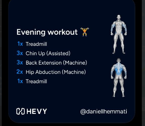 Evening workout routine with specified exercises and muscle groups targeted.