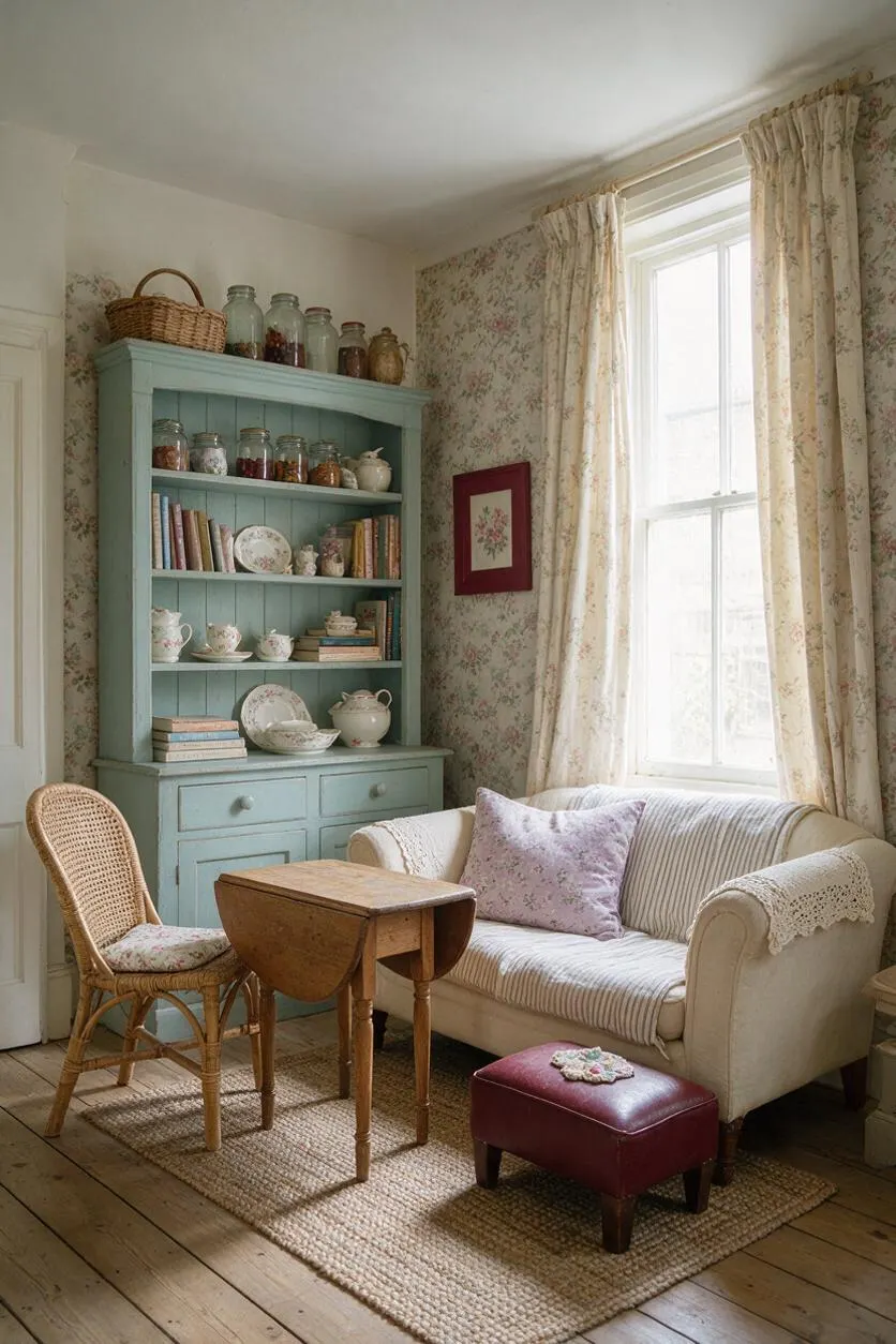 A cozy cottagecore living room with floral wallpaper, cream curtains, and a pale mint built-in cabinet filled with jars, books, and vintage china. A cream loveseat, wicker chair, small wooden table, and burgundy footstool sit on a woven rug under soft daylight from a tall window.