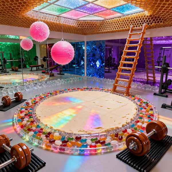 A whimsical home gym features mirrored walls and a circular central mat ringed by a clear acrylic border filled with jelly beans, glowing under a rainbow LED ceiling with a honeycomb grid. Pink orb pendants hang above caramel-toned dumbbells on black ribbed mats, while a glossy orange ladder and green, blue, and purple wall panels create a playful, confection-inspired workout setting.