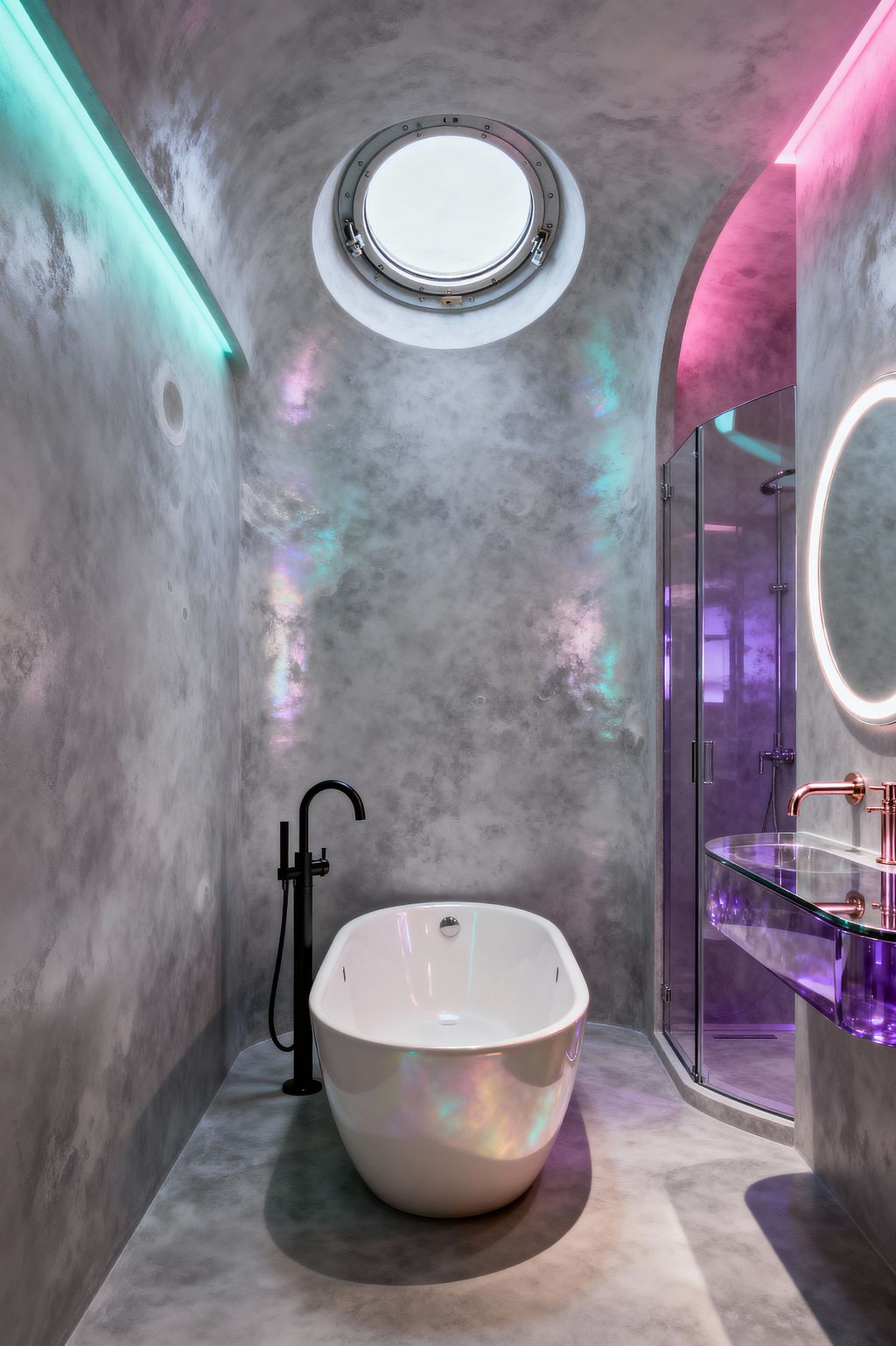 A compact bathroom with curved gray microcement walls and a barrel-vaulted ceiling features a round porthole skylight and iridescent LED uplighting. A glossy white freestanding tub stands center with a matte black floor-mounted filler; to the right, a curved glass shower adjoins a floating translucent glass vanity with a rose-gold faucet and a circular backlit mirror, while teal and pink light washes create a futuristic, cosmic ambiance.