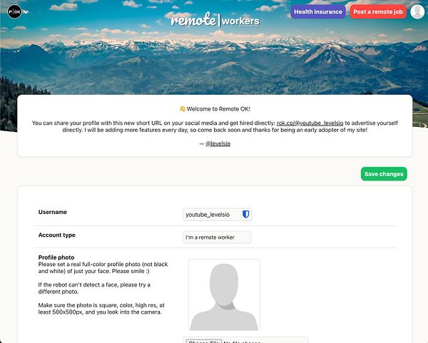 The image displays a user profile interface for the Remote OK platform.