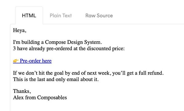 The image displays an email draft regarding a pre-order for a new product.