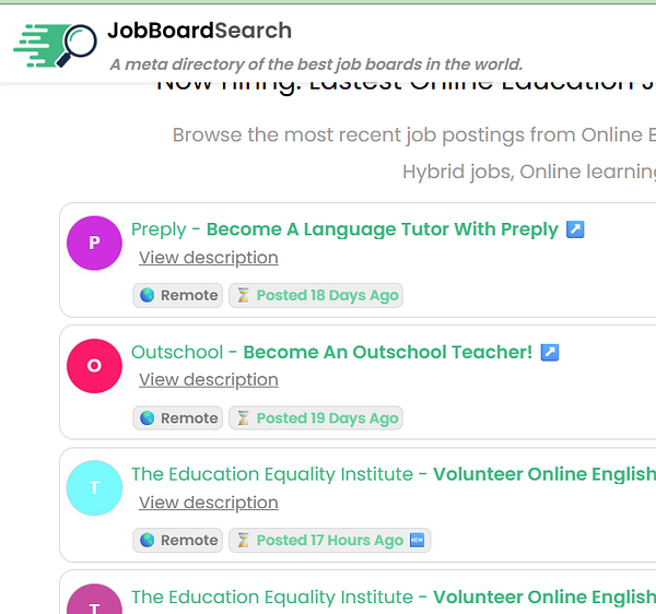 The image displays a job board interface showcasing recent job postings in online education.