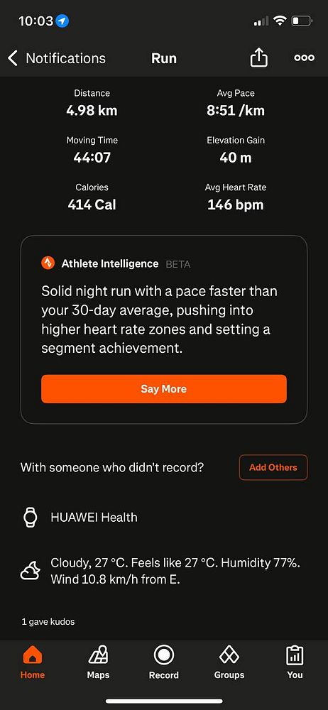 A fitness tracking app interface displaying details of a recent run.