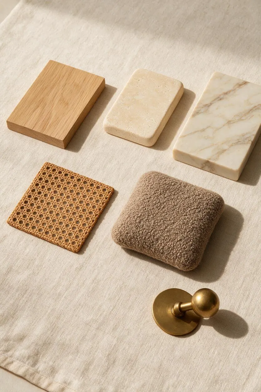 A flat lay of six organic modern material samples arranged on a soft beige linen fabric. The samples include light oak wood, creamy stone, white marble with warm veining, woven rattan, bouclé-like textured fabric, and a brushed brass knob.