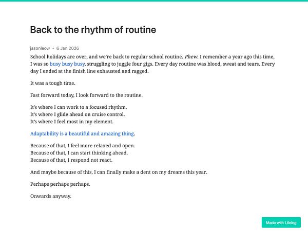 A calm outdoor scene with a wooden table, a cup of coffee, and a digital device displaying a golifelog.com post titled 'Back to the rhythm of routine.'
