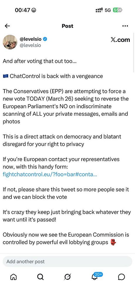 Screenshot of a tweet by @levelsio commenting on the EU's attempt to pass 'Chat Control' legislation.