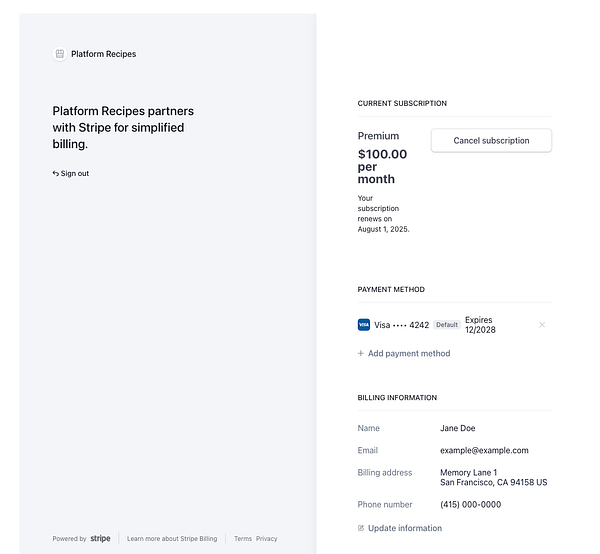 The image displays a customer portal interface for managing a subscription with Stripe.