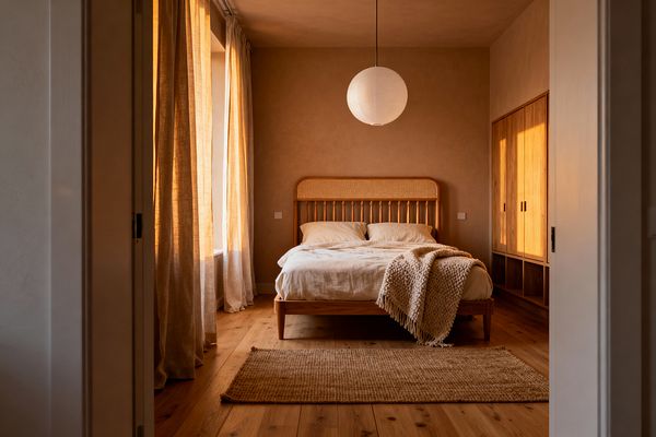 A warm Scandinavian bedroom features a light wood bed with a woven rattan headboard, dressed in cream linen bedding and a chunky knit throw. Floor-length linen curtains filter golden light across wide plank wood floors, a jute rug, and built-in wood wardrobes, while a white paper lantern pendant hangs centered above the bed, creating a calm, minimal space in soft beige and natural wood tones.