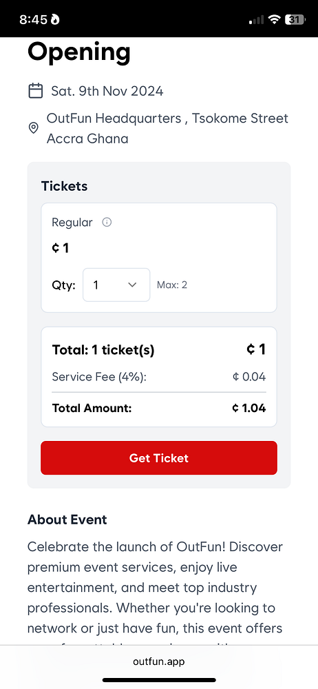 The image displays a mobile interface for purchasing tickets to an event at OutFun Headquarters in Accra, Ghana.