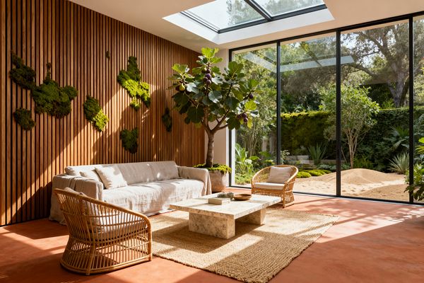 A bright living room showcases a vertical oak slat accent wall dotted with preserved green moss, a long light-linen sofa, and two curved rattan lounge chairs around a low rectangular marble coffee table on a chunky jute rug. Terracotta-toned concrete floors, a large skylight, and full-height black-framed sliding glass doors reveal a sand-scaped garden, while a potted fig tree brings lush foliage into the corner.