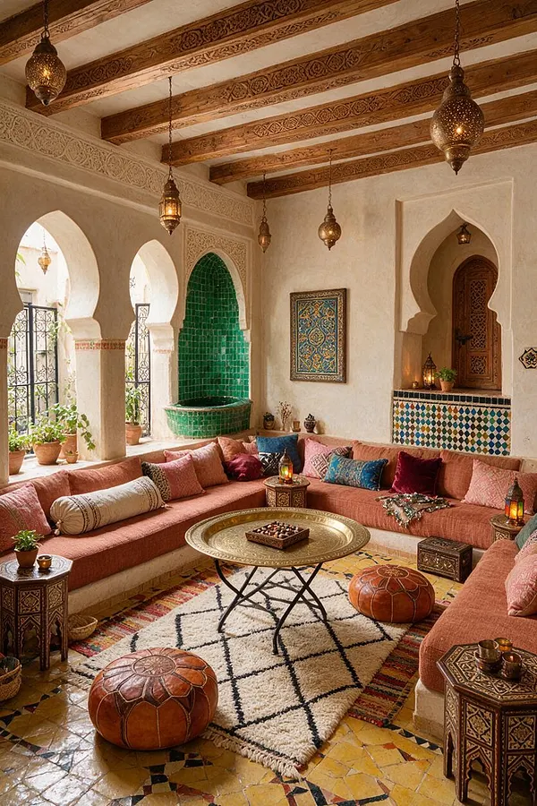 A Moroccan-style game room with salmon-toned sectional seating arranged around a brass coffee table on a patterned rug. The room features carved wood ceiling beams, arched openings, hanging lanterns, mosaic tile accents, and a green tiled niche fountain. 