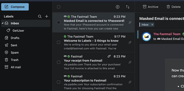 The image displays an email interface from Fastmail with various messages in the inbox.