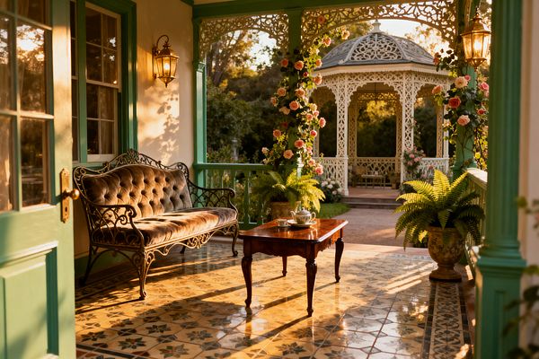 A Victorian-style veranda with sage-green trim features a tufted velvet wrought-iron settee and a polished wooden coffee table on patterned encaustic tiles. Brass wall lanterns illuminate potted ferns in urns, while climbing pink roses wind around porch posts leading to a white, filigree gazebo in the garden beyond; warm evening light casts long shadows and highlights the tea set on the table and the ornate metalwork.