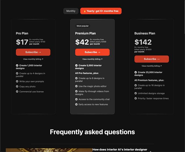 The image displays a pricing table for Interior AI's subscription plans.