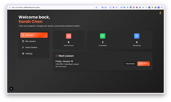 The image displays a user dashboard for a learning platform, featuring lesson tracking and management options.