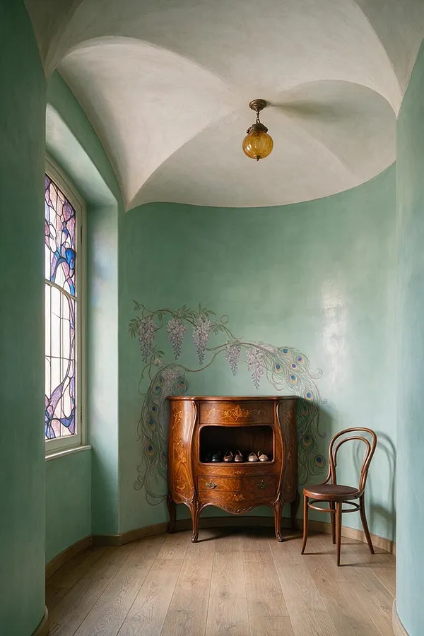 A narrow Art Nouveau entryway with soft mint-green walls, a sculpted white vaulted ceiling, and a small amber pendant light. A carved wooden cabinet with floral inlay sits beneath a peacock-inspired mural, beside a bentwood-style chair and a stained-glass window.