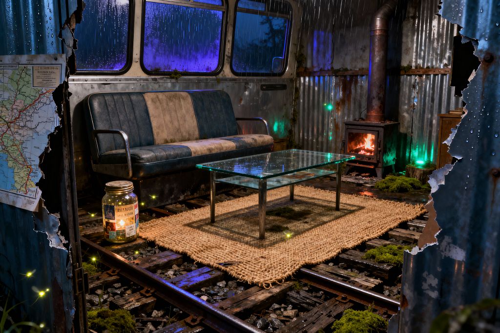 A living room staged as a survival shelter features corrugated metal walls with a torn entry, rain-streaked windows, and moody violet and green uplighting. A worn blue-and-taupe vinyl bench sofa faces a glass coffee table on steel legs set atop a chunky jute rug that rests on exposed railroad tracks and gravel, while a cast-iron wood stove glows to the right; moss tufts, a route map, and a jar lantern complete the improvised, gritty scene.