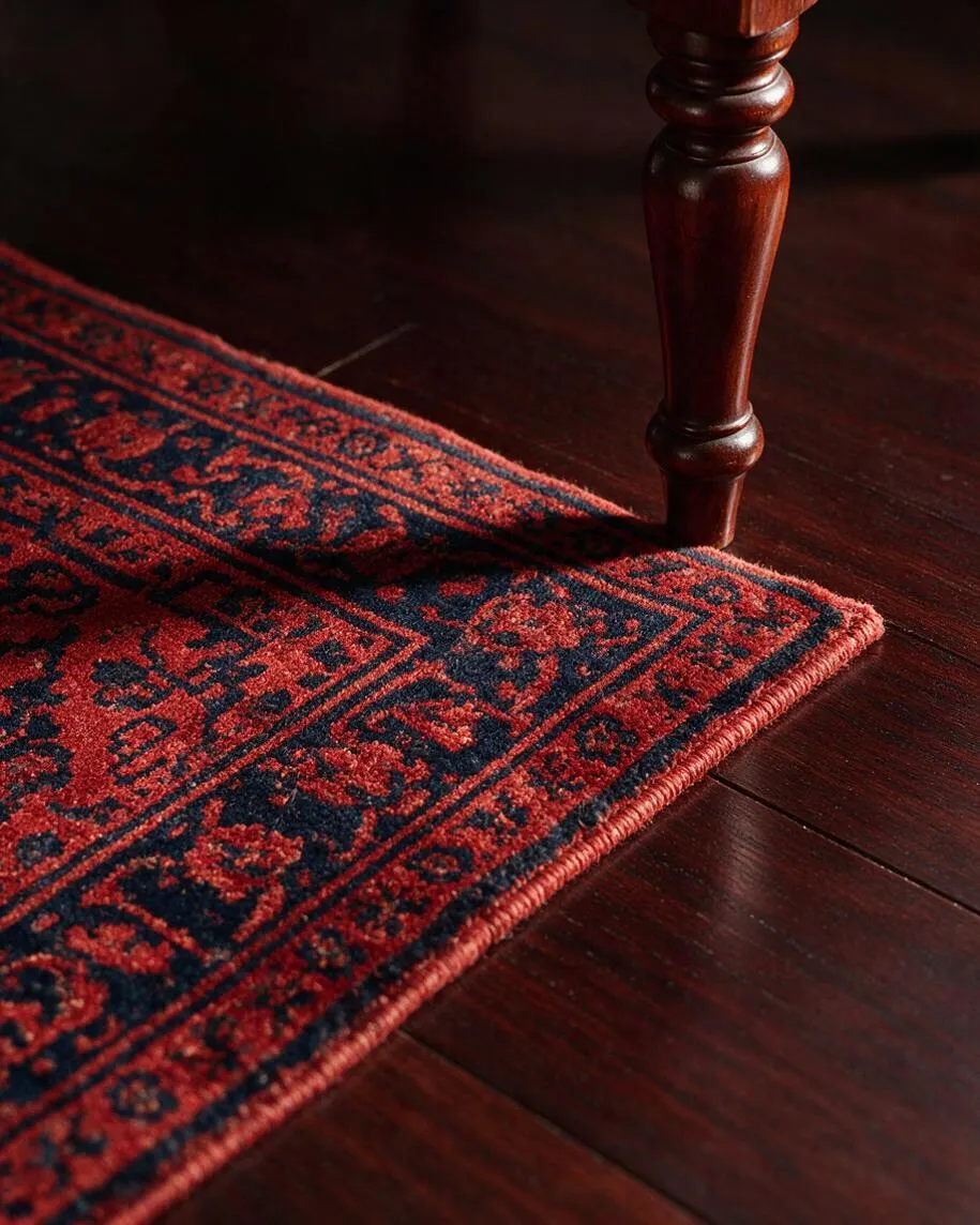 A close-up view of a traditional patterned area rug in deep navy and red, laid over a dark polished hardwood floor. A turned wooden furniture leg in a rich cherry finish stands beside the rug, emphasizing the classic, formal style.