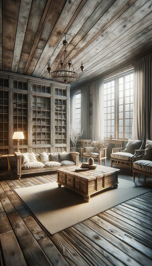 A cozy living room with distressed wooden furniture, including a coffee table and a bookshelf, adding a rustic and vintage charm to the setting.