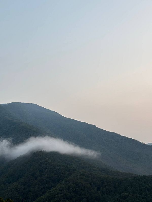 Mountain landscape at sunrise with light mist and clear sky.