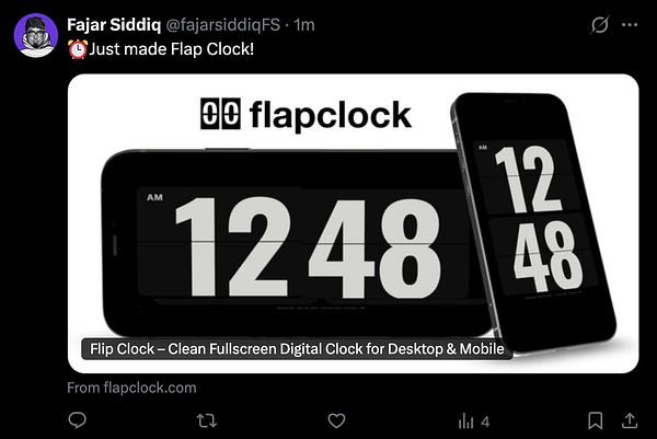 A screenshot of a tweet showcasing a digital Flap Clock on a smartphone screen with the current date and time.
