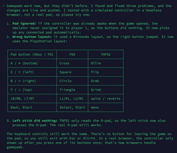 Text-based explanation of the fixes made to add gamepad support for THPS2 on XP, including button mapping details and behavior changes.