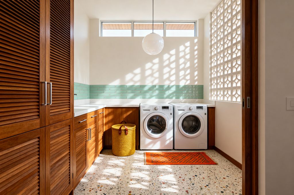 A sunlit mid-century modern laundry room with walnut louvered cabinets, white quartz countertops, and a glossy mint-green subway tile backsplash. Two front-loading machines sit beneath clerestory windows and a white globe pendant as a decorative concrete breeze-block wall casts patterned shadows across multicolor terrazzo flooring; an orange geometric rug and a yellow woven hamper add color within the compact L-shaped layout.