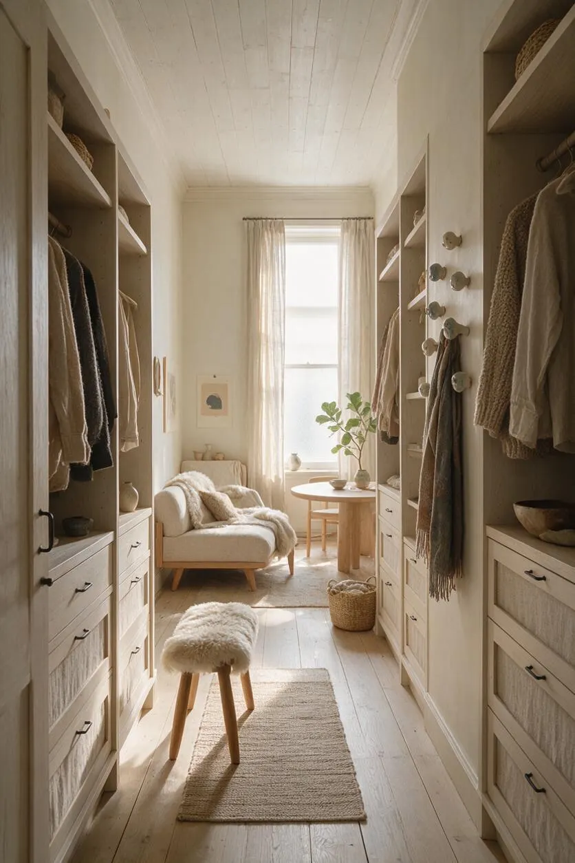 A narrow Scandinavian-style closet with built-in shelving and drawers on both sides, filled with neutral-toned clothing and woven accessories. At the far end, a bright window with sheer curtains lights a cozy reading nook with a cream chair, small round table, plants, and layered natural textiles.