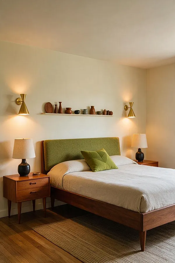 A mid-century modern master bedroom with a walnut platform bed, olive green upholstered headboard, cream bedding, and matching wooden nightstands. Brass wall sconces, ceramic pottery on a slim shelf, and a woven rug add warmth against soft beige walls and hardwood floors.