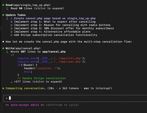 The image displays a coding interface showing the creation of a cancellation page for a web application.