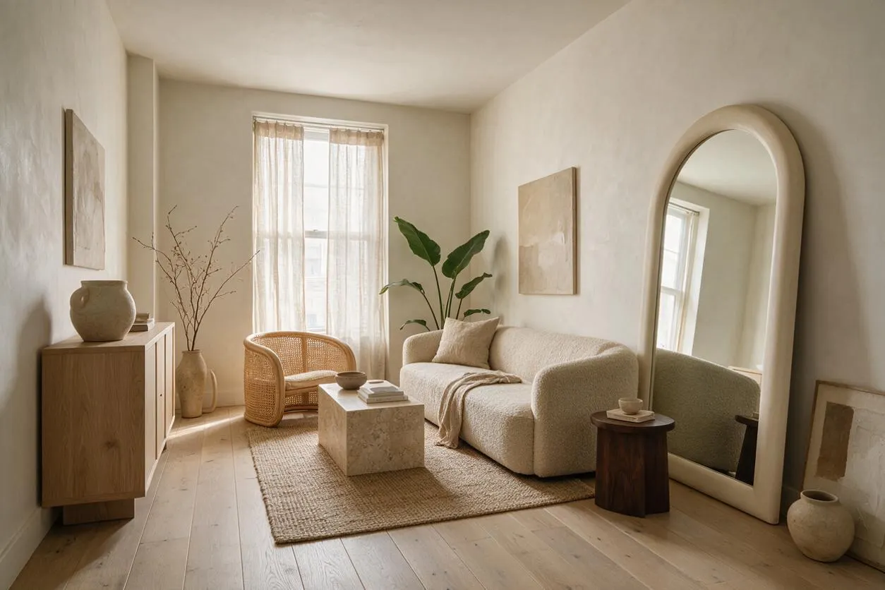 A serene living room with a cream bouclé sofa, woven wicker chair, stone coffee table, and oversized arched mirror. Light wood floors, beige walls, linen curtains, and sculptural pottery create a calm organic modern space filled with soft natural light.