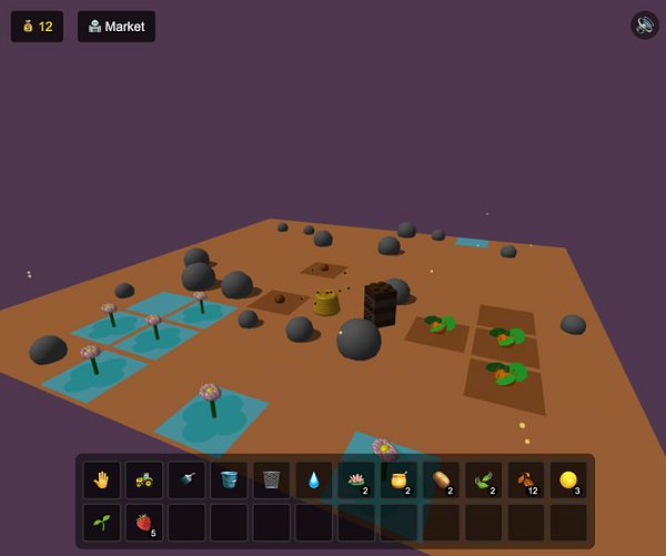 A colorful virtual farming scene featuring various plants, resources, and a market interface.