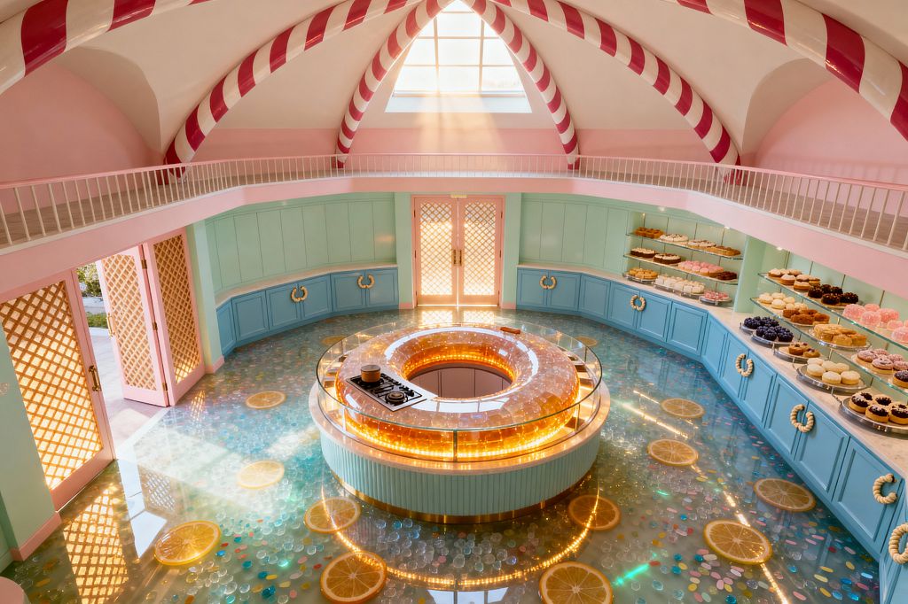 Whimsical pastel kitchen with a circular donut-shaped island lit by amber LEDs and a built-in cooktop, surrounded by mint cabinets. Glass shelves display pastries above pale stone counters. The glossy aqua epoxy floor embeds lemon slices and confetti shapes. A vaulted ceiling with red-and-white candy-cane ribs crowns the room, with daylight through an arched window and pink lattice double doors.