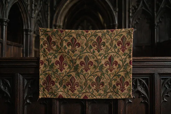 A rectangular woven textile sample with a repeating fleur-de-lis and vine pattern in muted burgundy, olive green, and gold hangs against dark carved Gothic woodwork. The backdrop features pointed arches and paneled details, emphasizing the fabric’s medieval-inspired style.