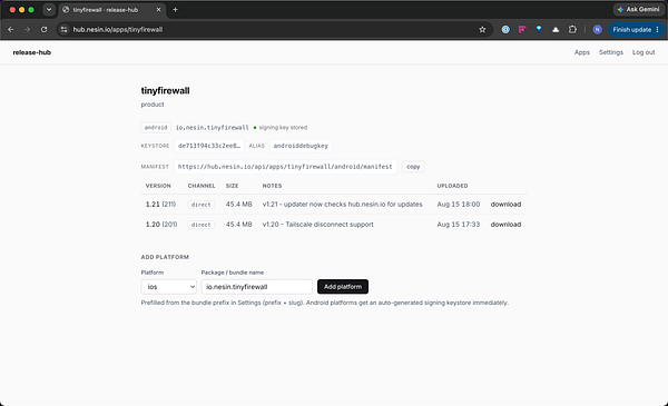 Screenshot of a dark-themed Android Studio environment displaying the release management interface with a new Android App Bundle distribution list.