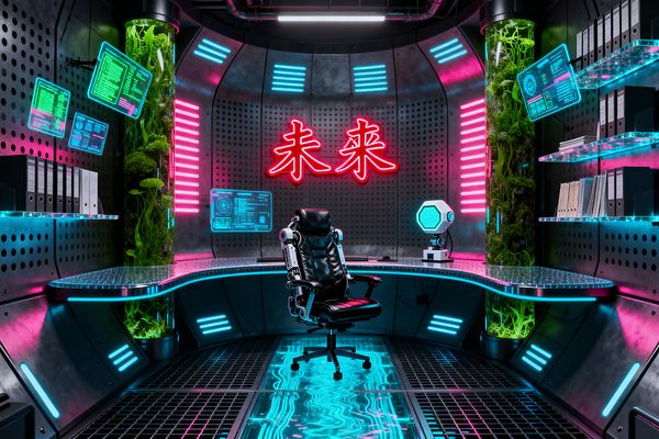 Futuristic home office with a curved glass desk edged in cyan LEDs, set against perforated gunmetal walls and a red neon sign with characters reading “future.” A black leather, high-back chair faces transparent holographic screens, with acrylic shelves of binders on the right. Cylindrical glass columns filled with live greenery flank the desk, while an aqua-lit floor grate and magenta wall strips cast dramatic, high-contrast neon light.