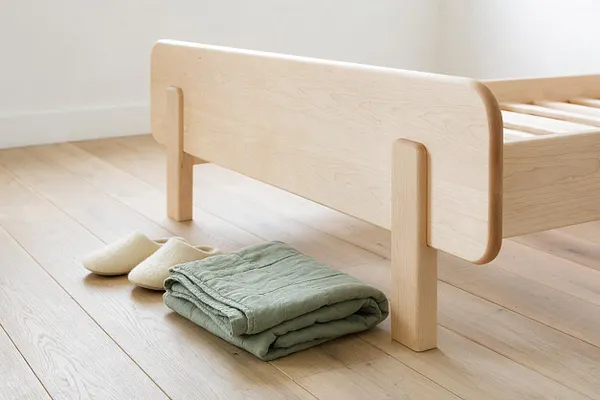 A light wood Scandinavian-style bed sits on pale wood flooring beside a folded sage green blanket and cream slippers. The room is bright and minimal, with white walls and clean lines emphasizing natural materials and a calm, airy atmosphere.