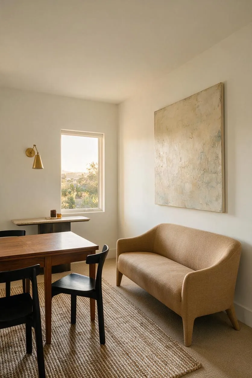 A minimalist transitional game room with a wooden table and black chairs on a woven rug, a tan curved sofa along the wall, and a large abstract artwork above it. Soft white walls, a brass wall sconce, and a small window with a desert view create a calm, sunlit atmosphere.