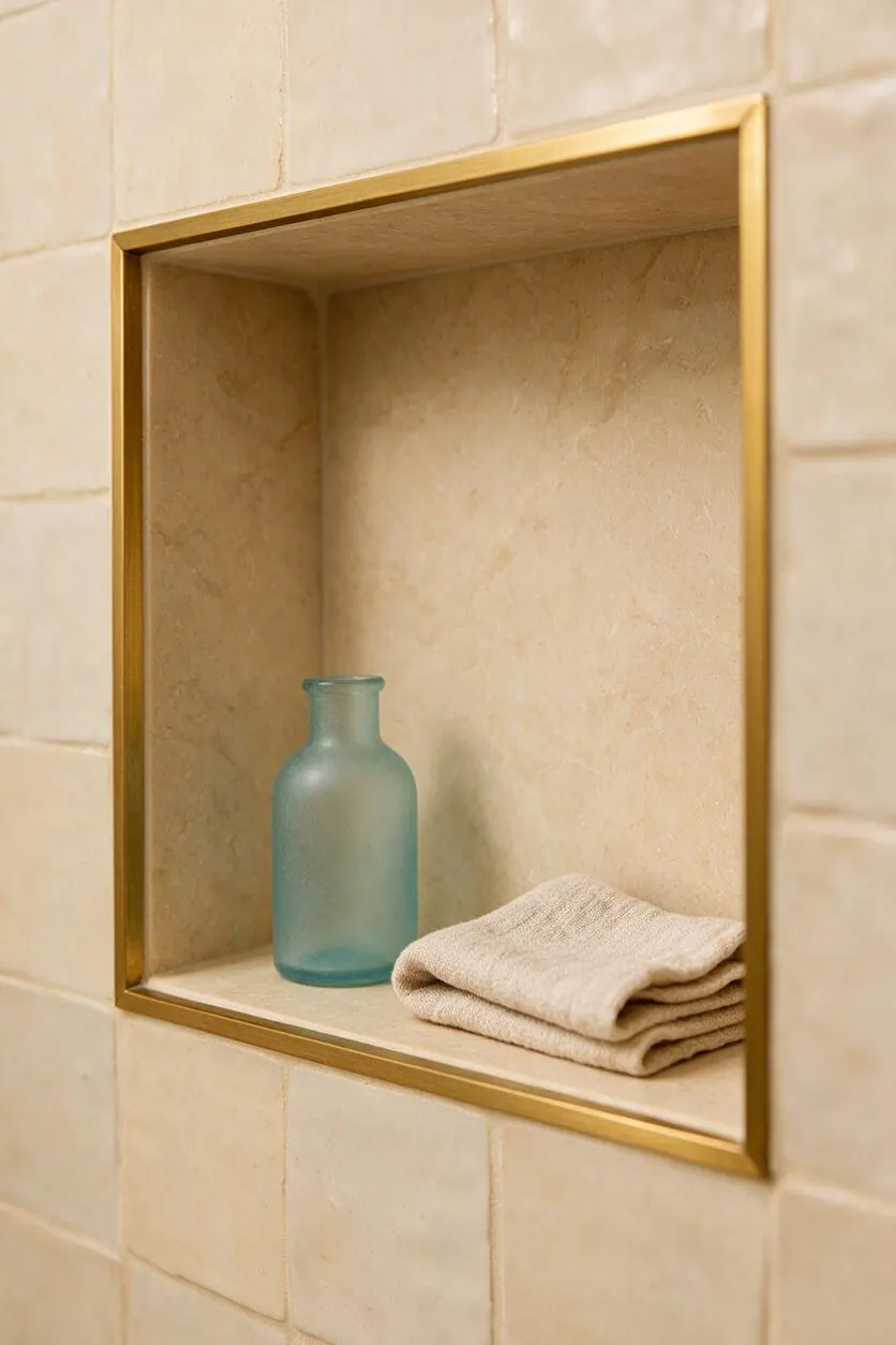 A recessed bathroom niche framed in brass is set into cream stone tile walls. Inside the niche, a frosted blue glass bottle sits beside neatly folded beige towels, creating a calm coastal-inspired display.