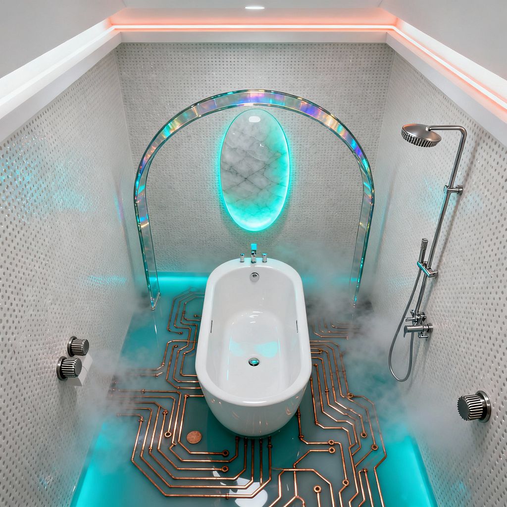 A narrow futuristic bathroom centers on a white freestanding tub over a glossy teal floor with copper circuit patterns glowing beneath rising mist. Perforated white wall tiles wrap the space, a chrome shower column with a round head anchors the right wall, and two ribbed knobs sit opposite. An iridescent metal arch frames a cyan backlit oval mirror, while pink cove LEDs and a recessed ceiling light layer the illumination.