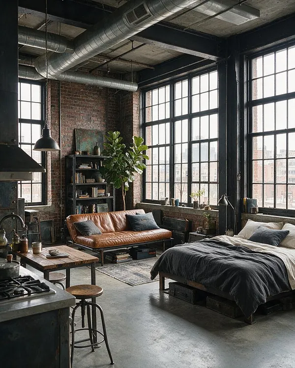 A moody industrial studio apartment with large black-framed factory windows, exposed brick walls, and visible metal ductwork overhead. The space includes a tan leather sofa, a low bed with dark bedding, black shelving, a rustic wood table, and potted greenery, all set on a polished concrete floor.