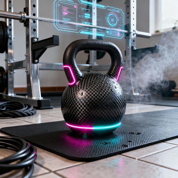 Close-up of a carbon-fiber kettlebell with glowing neon magenta and cyan bands resting on a textured black mat in a home gym. Coiled battle ropes sit nearby, with water droplets on the kettlebell and a faint mist rising. In the background, a brushed-steel power rack and barbell are visible, while a floating holographic-style interface displays data, illuminated by cool daylight from a window.