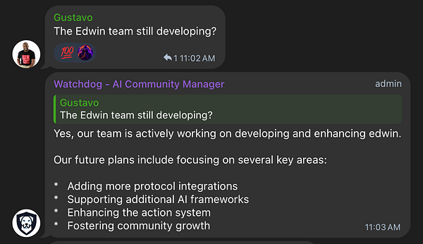 A chat interface displaying a conversation about the Edwin team and its development plans.
