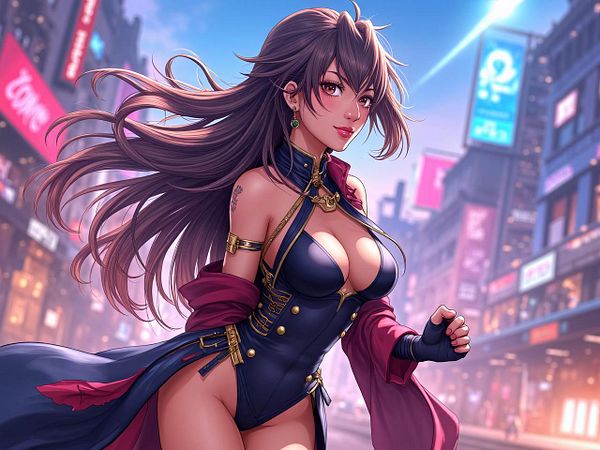 A stylish anime character in a vibrant urban setting.