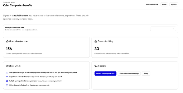 Dashboard screen of the calmcompanies web app illustrating subscriber-only features like filterable job openings and company profiles.