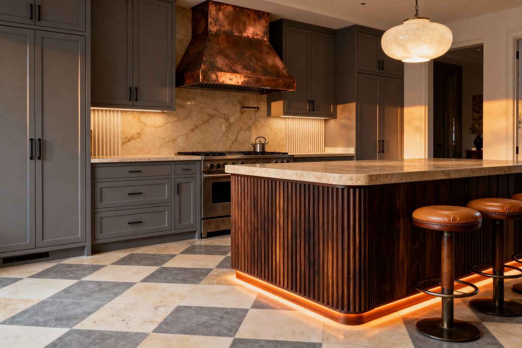 A transitional kitchen features taupe-gray Shaker cabinets, a creamy marble slab backsplash with ribbed sections, and a large patinated copper range hood over a stainless range. The space centers on a rounded, fluted walnut island with a light limestone top and amber toe-kick lighting, accompanied by caramel leather barstools, an opal-glass pendant, under-cabinet lights, and a cream-and-charcoal stone checkerboard floor.