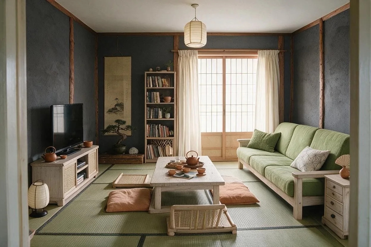 The same Japanese living room in the Matcha and Charcoal palette: charcoal, matcha, pale ash, paper white, and clay
